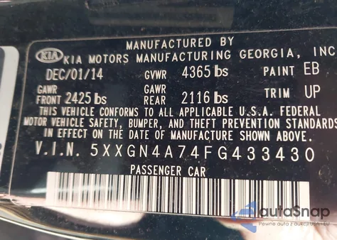 2015 Kia Optima Ex z USA, uszkodzony, nr VIN 5XXGN4A74FG433430